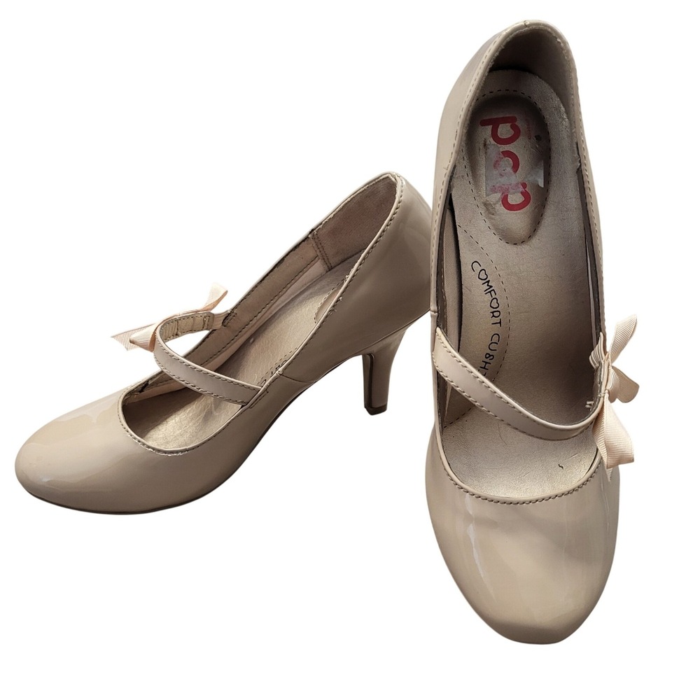POP Balletcore Plano Nude Patent Mary Jane Heels Ribbon Bow Round Toe Pumps 8